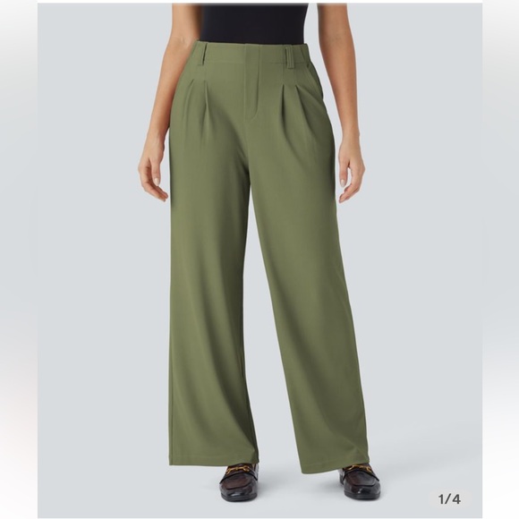 High Waisted Plicated Side Pocket Wide Leg Micro Waffle Work Pants - Picture 1 of 4